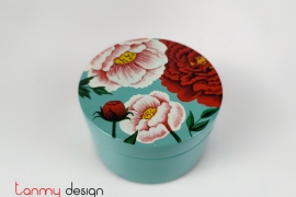 Round blue lacquer box printed with peonies D12*7,2cm
